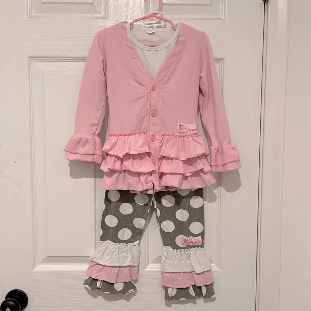 Flowersak 3 Piece Outfit w/ Top, Cardigan, and Capris with Ruffles